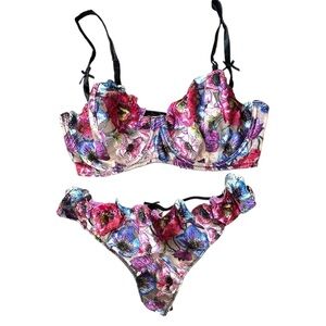 NWT FLEUR DU MAL Tuileries Embroidered Balconette Bra (Sz 36D) & Thong (Sz 4/L)